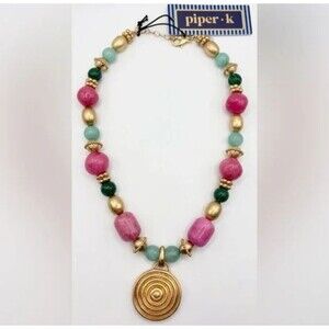 NWT Piper K Elegant Pastel & Gold Beaded Statement Necklace Chunky Pink Green